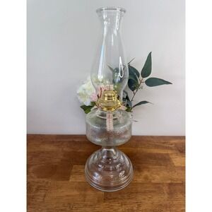 Antique Clear Pressed Glass Kerosene Oil Lamp with Light Pink UV Glow |